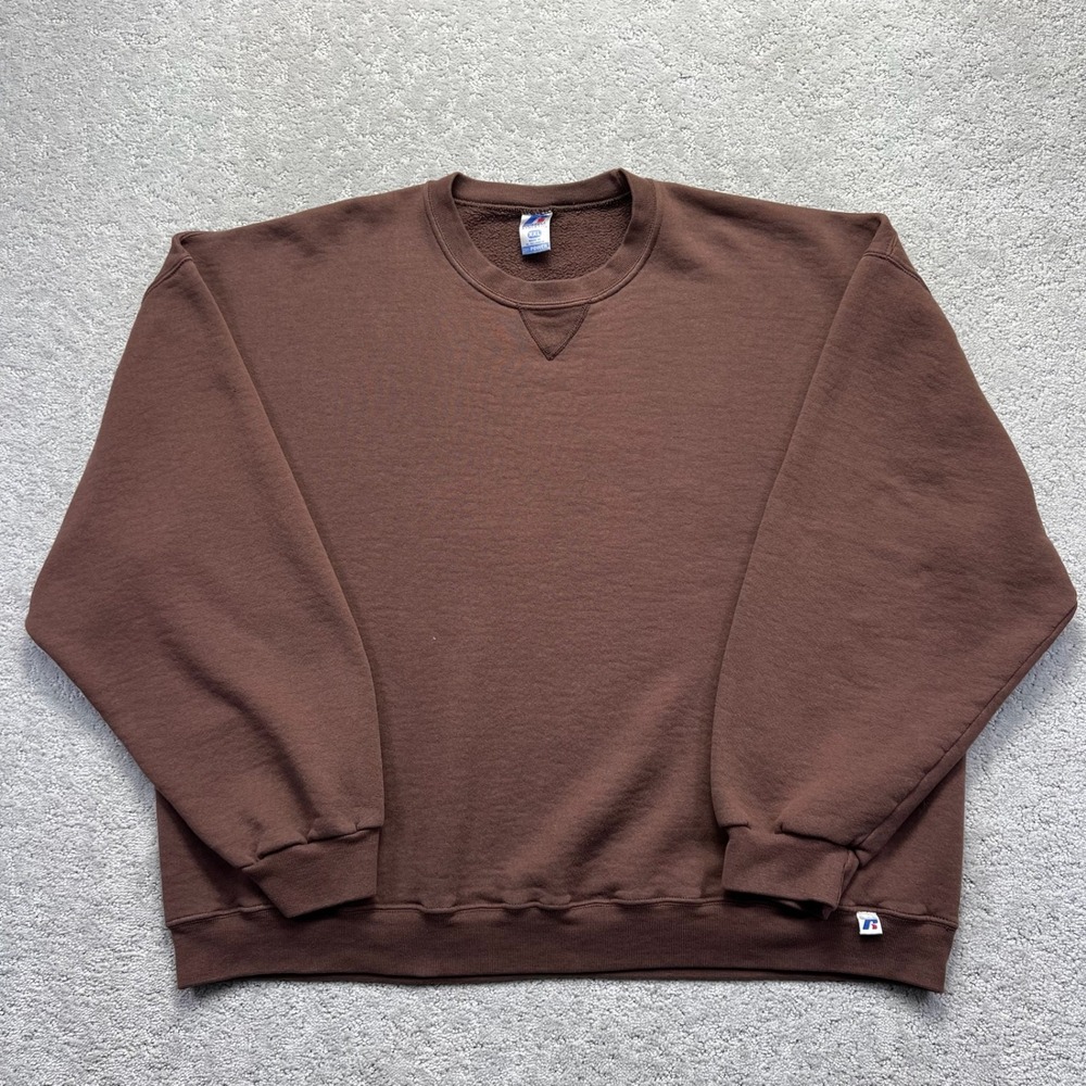 Y2k Russell Athletic Sweatshirt Mens XXL Brown Dri-Power Crewneck Blank Pullover
